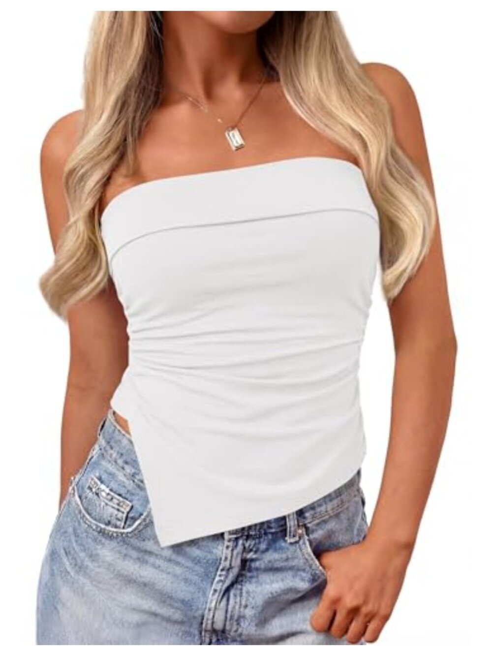 Stretchy Knit Strapless Tube Top Asymmetrical Ruched Summer